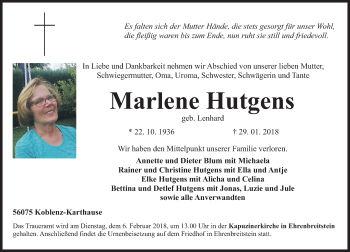 Traueranzeige von Marlene Hutgens von Rhein-Zeitung