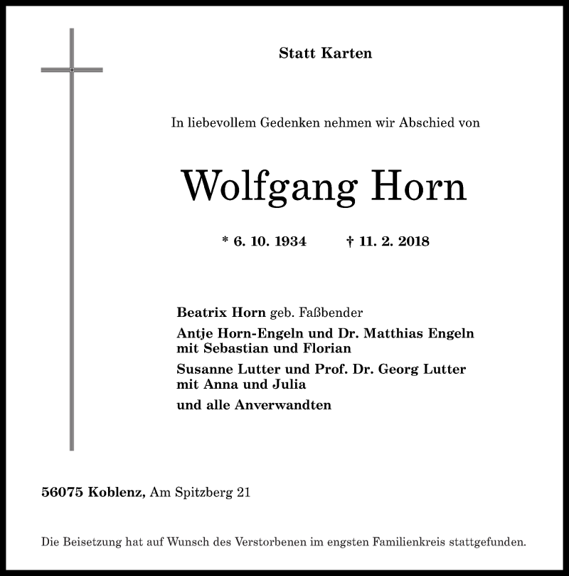  Traueranzeige für Wolfgang Horn vom 24.02.2018 aus Rhein-Zeitung