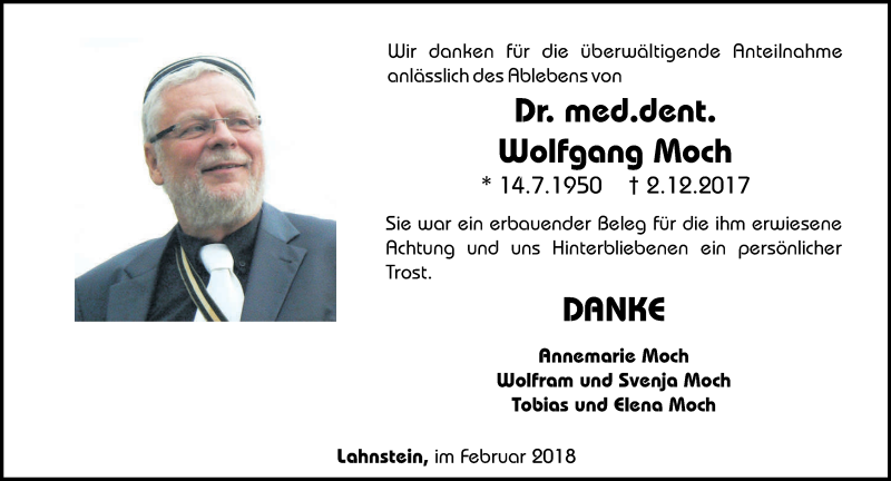  Traueranzeige für Wolfgang Moch vom 03.02.2018 aus Rhein-Zeitung