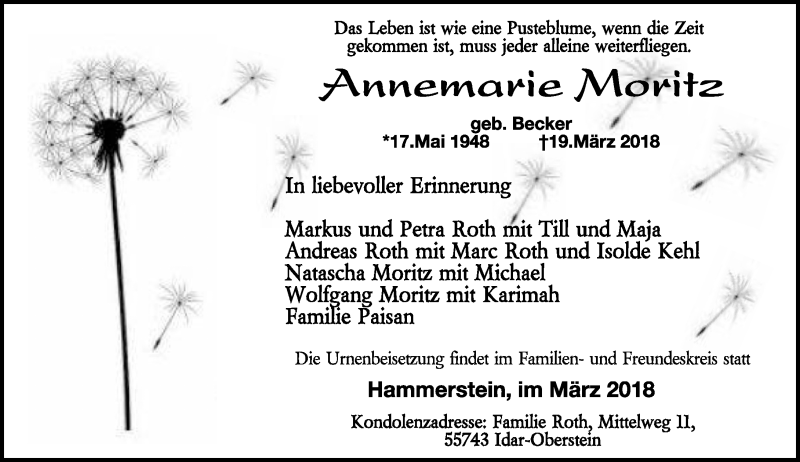  Traueranzeige für Annemarie Moritz vom 31.03.2018 aus Nahe-Zeitung