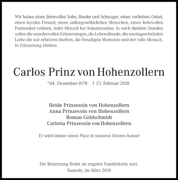 Traueranzeigen Von Carlos Prinz Von Hohenzollern | Rz-trauer.de