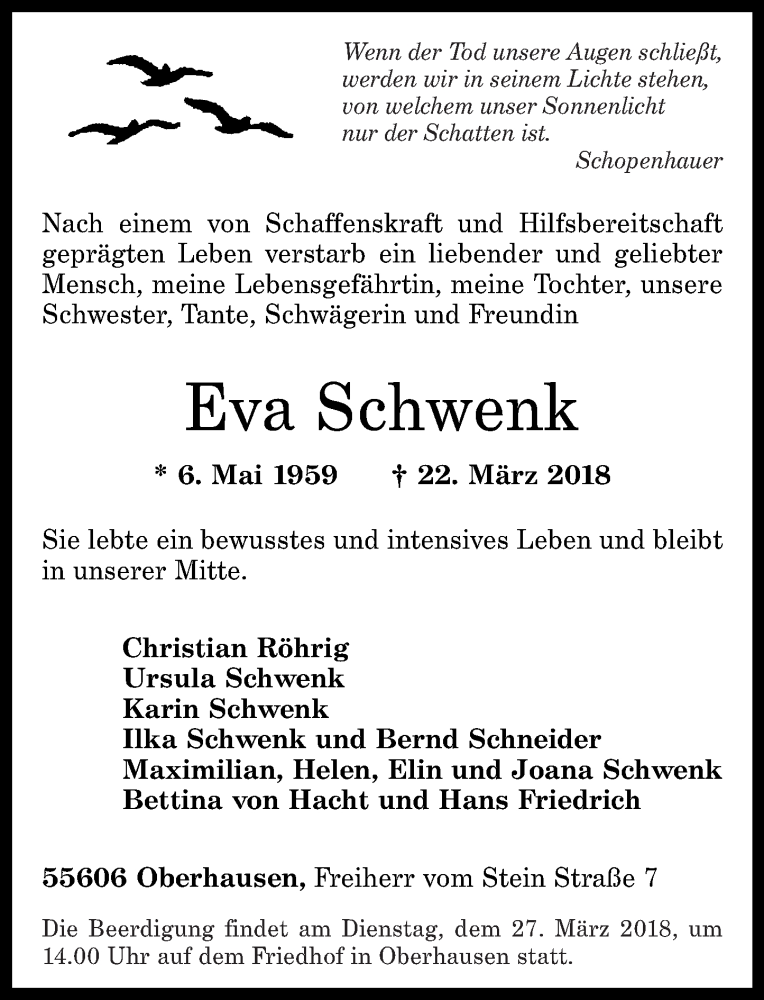  Traueranzeige für Eva Schwenk vom 24.03.2018 aus Rhein-Zeitung