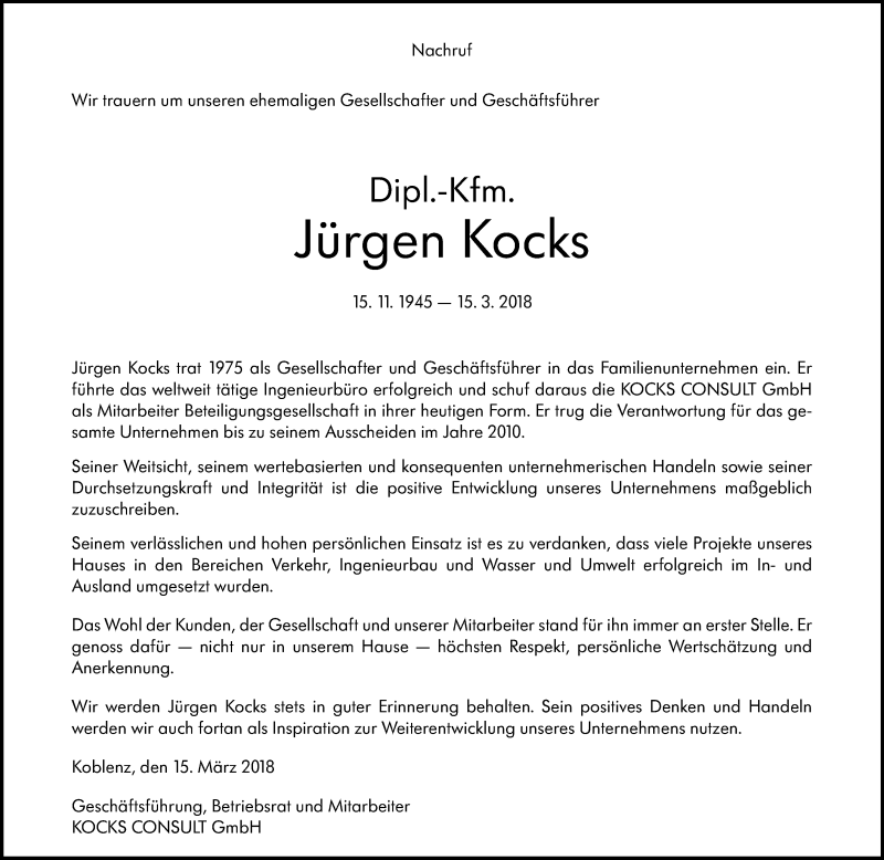  Traueranzeige für Jürgen Kocks vom 17.03.2018 aus Rhein-Zeitung