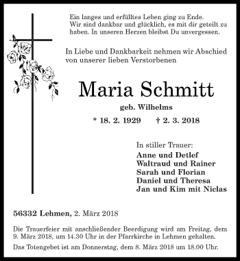 Traueranzeigen Von Maria Schmitt | Rz-trauer.de