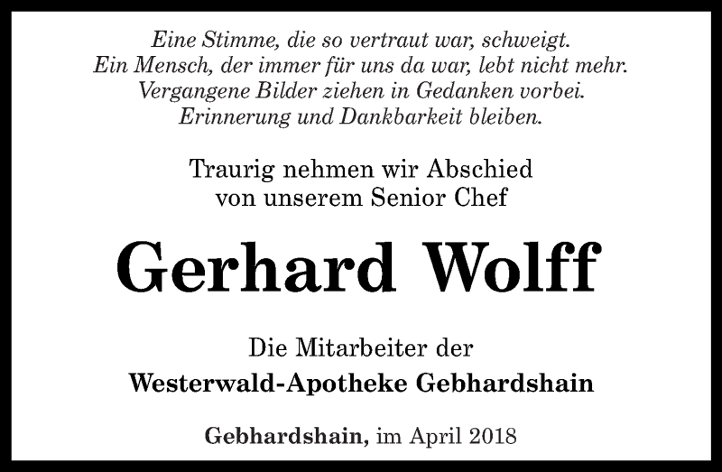  Traueranzeige für Gerhard Wolff vom 25.04.2018 aus Rhein-Zeitung