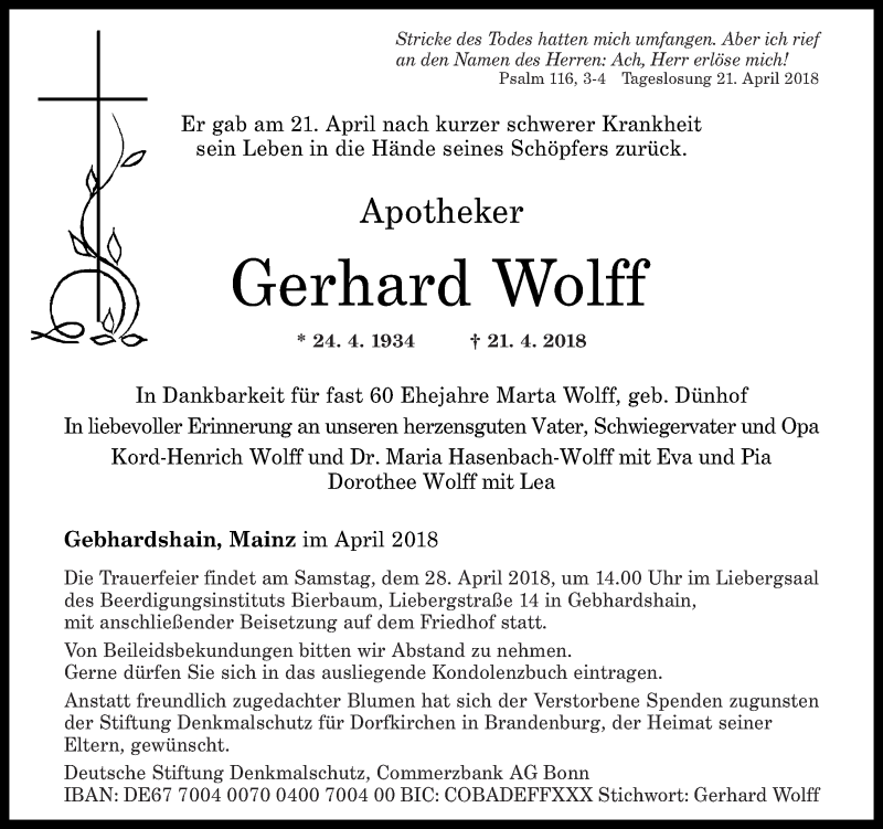  Traueranzeige für Gerhard Wolff vom 25.04.2018 aus Rhein-Zeitung