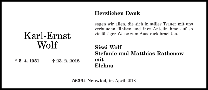  Traueranzeige für Stefanie-Ernst Wolf vom 14.04.2018 aus Rhein-Zeitung
