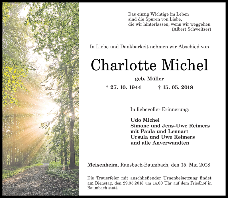  Traueranzeige für Charlotte Michel vom 23.05.2018 aus Oeffentlicher Anzeiger
