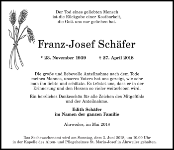 Traueranzeige von Franz-Josef Schäfer von Rhein-Zeitung