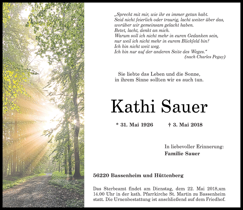  Traueranzeige für Kathi Sauer vom 19.05.2018 aus Rhein-Zeitung