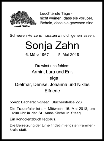 Traueranzeige von Sonja Zahn von Rhein-Hunsrück-Zeitung