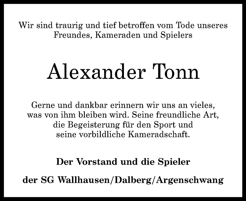  Traueranzeige für Alexander Tonn vom 15.06.2018 aus Oeffentlicher Anzeiger