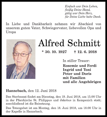 Traueranzeige von Alfred Schmitt von Rhein-Zeitung