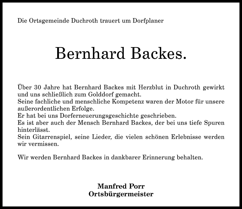  Traueranzeige für Bernhard Backes vom 26.06.2018 aus Oeffentlicher Anzeiger