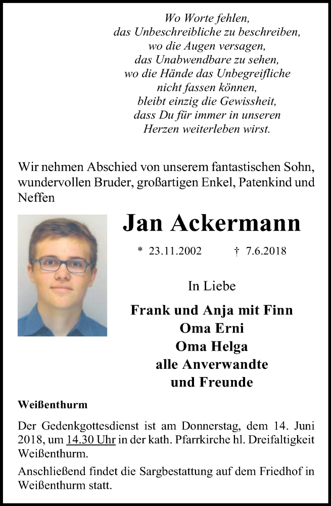  Traueranzeige für Jan Ackermann vom 11.06.2018 aus Rhein-Zeitung