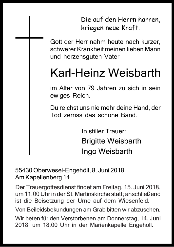 Traueranzeigen von Karl-Heinz Weisbarth | rz-trauer.de