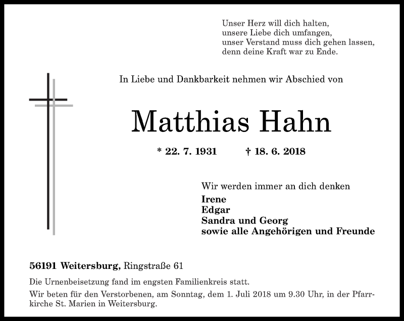 Traueranzeigen von Matthias Hahn | rz-trauer.de