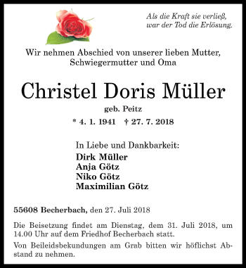 Traueranzeige von Christel Doris Müller von Oeffentlicher Anzeiger