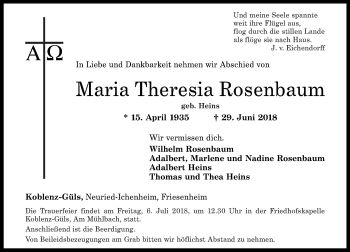 Traueranzeigen von Maria Theresia Rosenbaum | rz-trauer.de