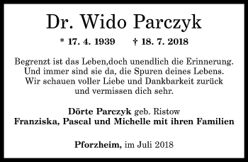 Traueranzeige von Wido Parczyk von Rhein-Zeitung