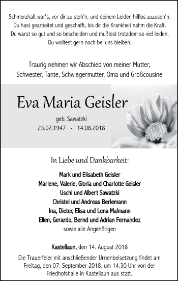 Traueranzeigen von Eva Maria Geisler | rz-trauer.de