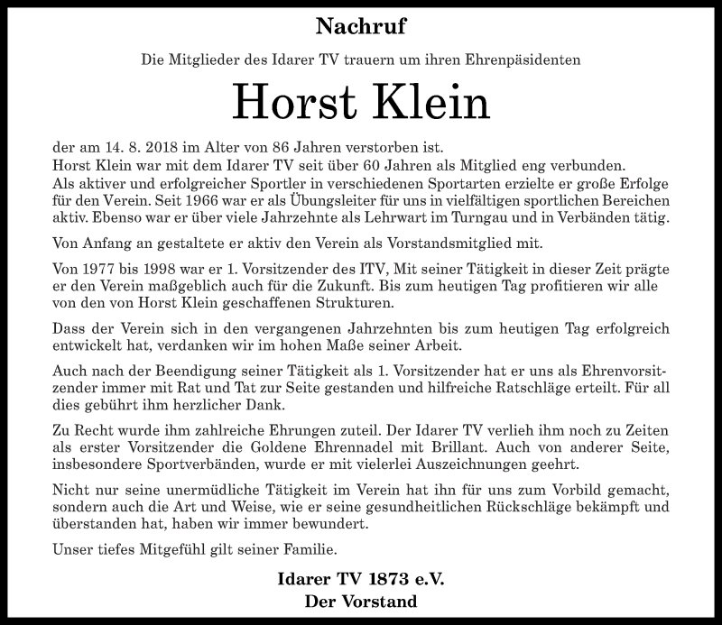  Traueranzeige für Horst Klein vom 18.08.2018 aus Nahe-Zeitung