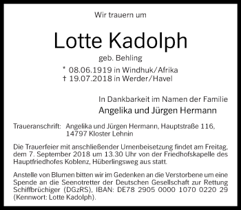 Traueranzeige von Lotte Kadolph von Rhein-Zeitung