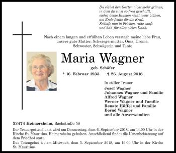 Traueranzeigen von Maria Wagner | rz-trauer.de