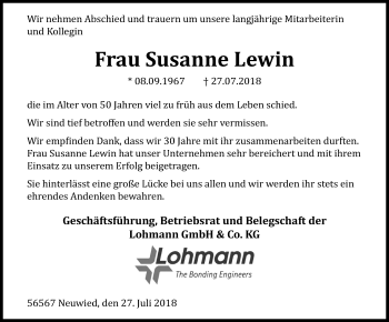 Traueranzeige von Susanne Lewin von Rhein-Zeitung