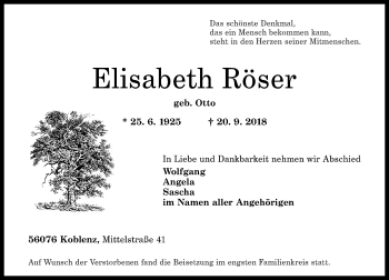 Traueranzeigen von Elisabeth Röser | rz-trauer.de