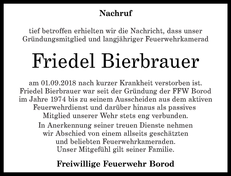  Traueranzeige für Friedel Bierbrauer vom 27.09.2018 aus Westerwälder Zeitung