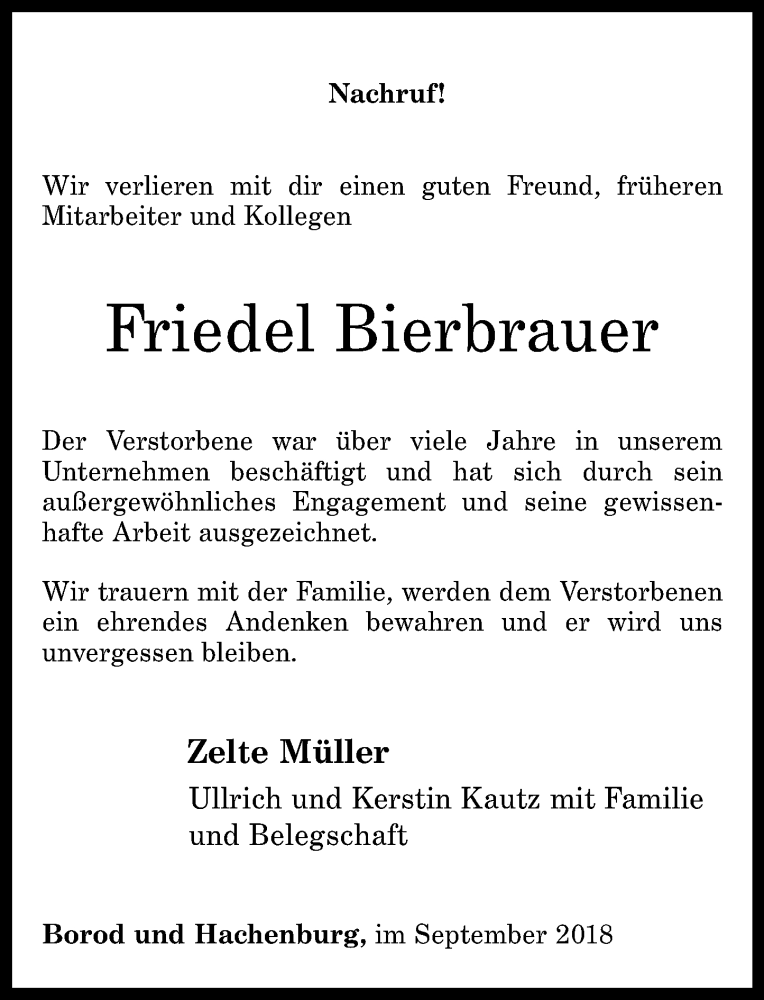  Traueranzeige für Friedel Bierbrauer vom 29.09.2018 aus Westerwälder Zeitung