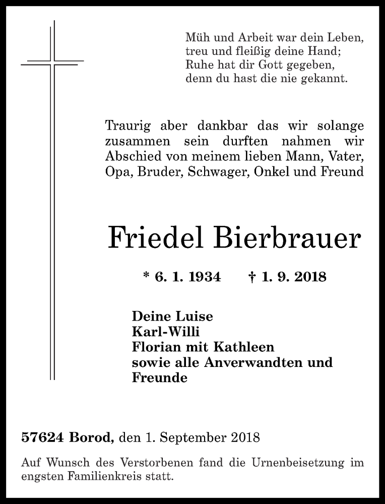  Traueranzeige für Friedel Bierbrauer vom 19.09.2018 aus Westerwälder Zeitung