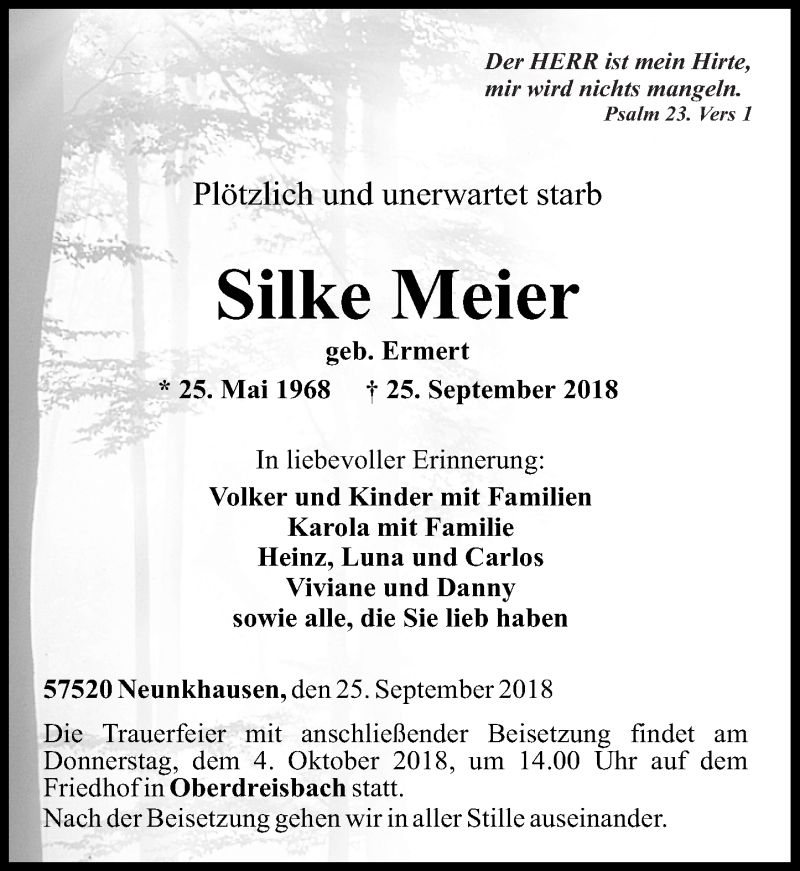  Traueranzeige für Silke Meier vom 01.10.2018 aus Westerwälder Zeitung