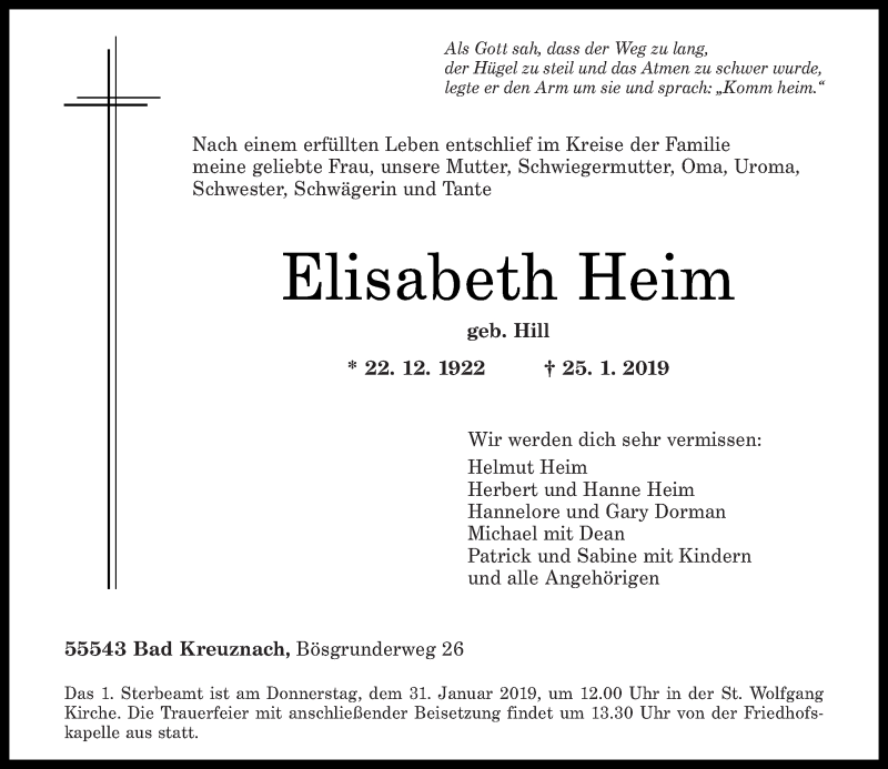  Traueranzeige für Elisabeth Heim vom 29.01.2019 aus Oeffentlicher Anzeiger