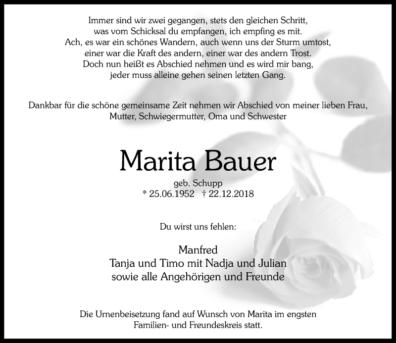  Traueranzeige für Marita Bauer vom 12.01.2019 aus Rhein-Zeitung
