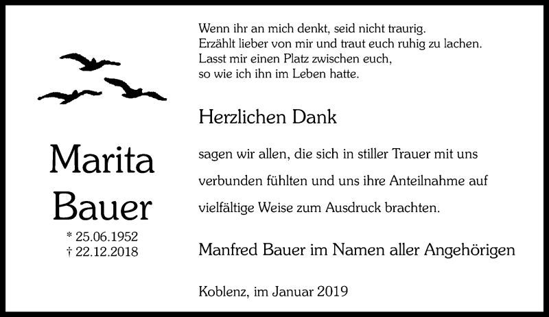  Traueranzeige für Marita Bauer vom 26.01.2019 aus Rhein-Zeitung