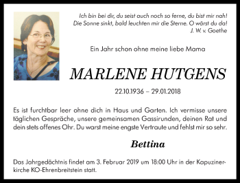 Traueranzeige von Marlene Hutgens von Rhein-Zeitung