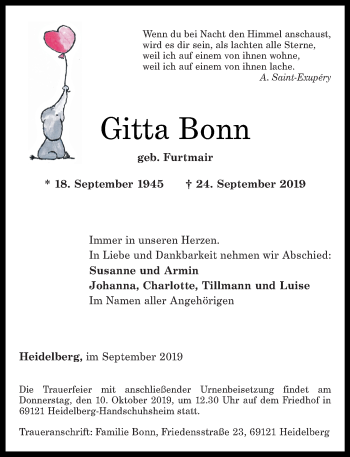 Traueranzeige von Gitta Bonn von Westerwälder Zeitung