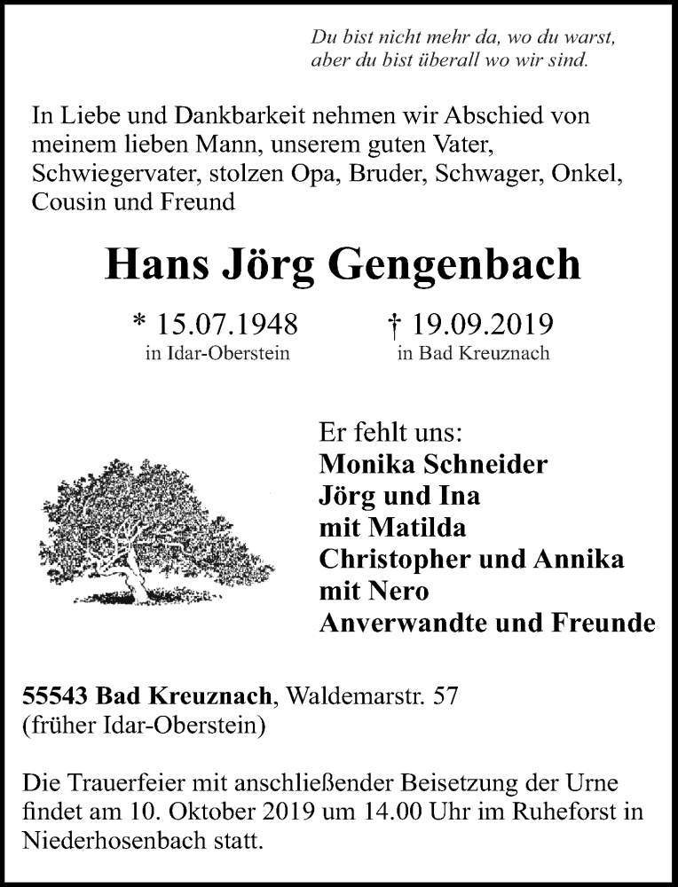 Traueranzeige für Hans Jörg Gegenbach vom 05.10.2019 aus Oeffentlicher Anzeiger