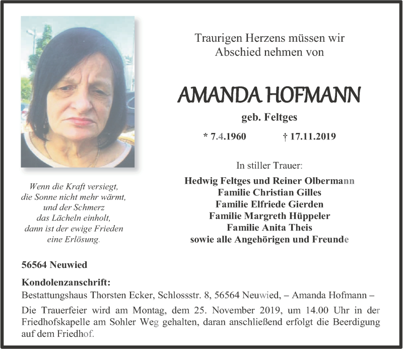 Traueranzeigen von Amanda Hofmann | rz-trauer.de