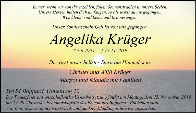  Traueranzeige für Angelika Krüger vom 16.11.2019 aus Rhein-Hunsrück-Zeitung
