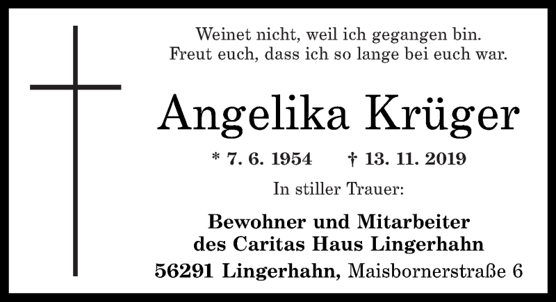  Traueranzeige für Angelika Krüger vom 26.11.2019 aus Rhein-Hunsrück-Zeitung