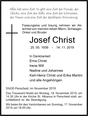 Traueranzeige von Josef Christ von Rhein-Hunsrück-Zeitung