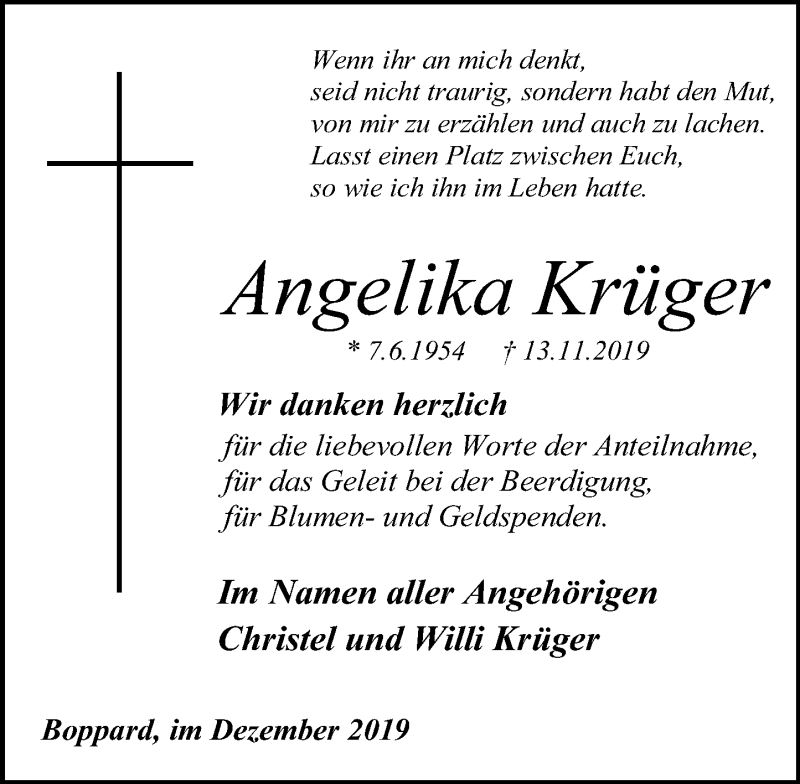  Traueranzeige für Angelika Krüger vom 21.12.2019 aus Rhein-Hunsrück-Zeitung