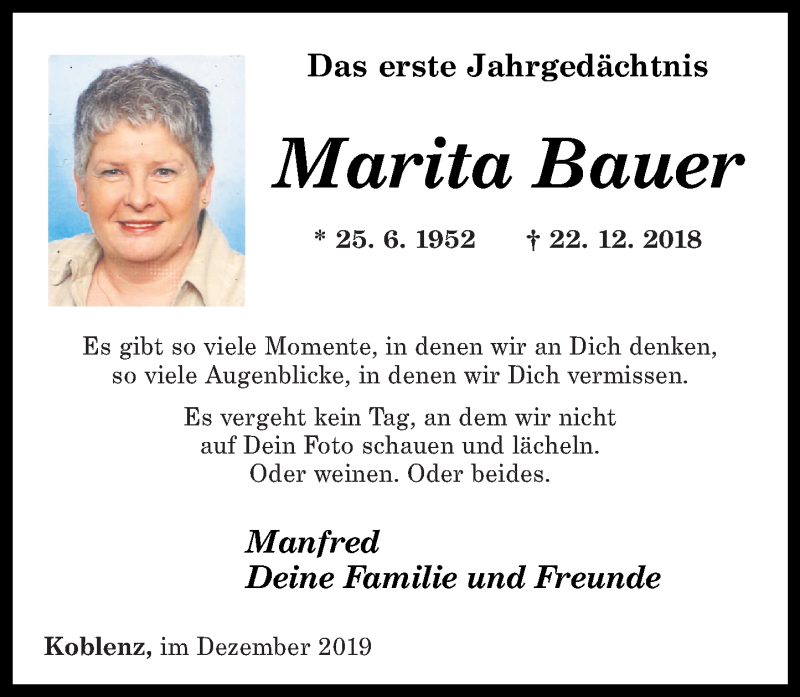  Traueranzeige für Marita Bauer vom 21.12.2019 aus Rhein-Zeitung