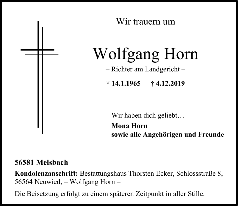 Traueranzeige für Wolfgang Horn vom 07.12.2019 aus Rhein-Zeitung