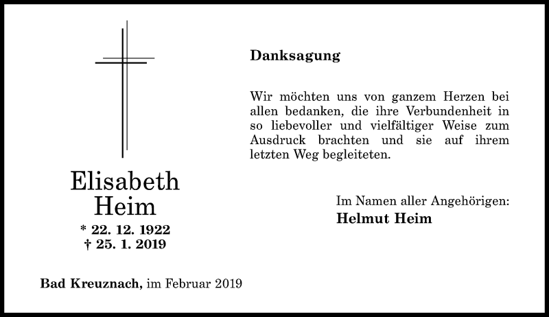  Traueranzeige für Elisabeth Heim vom 23.02.2019 aus Oeffentlicher Anzeiger