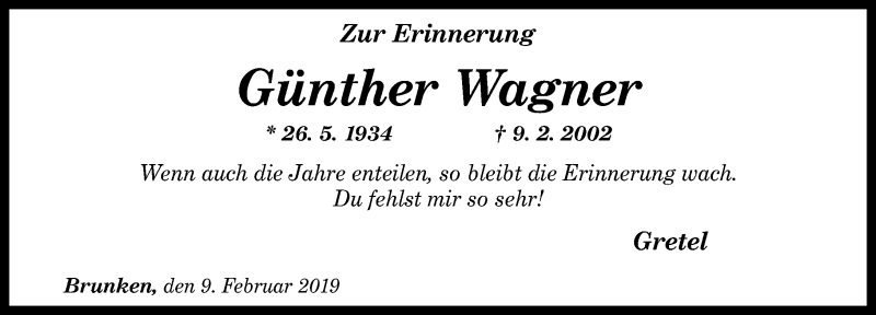  Traueranzeige für Günther Wagner vom 09.02.2019 aus Rhein-Zeitung