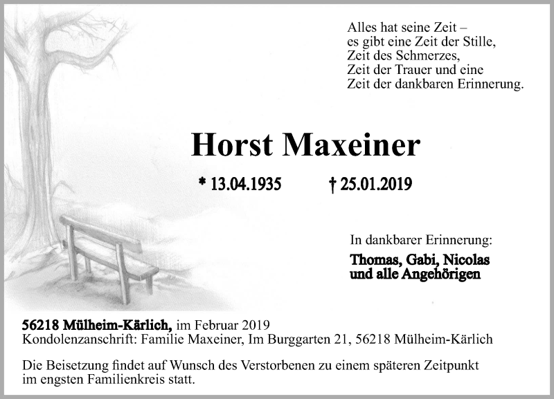  Traueranzeige für Horst Maxeiner vom 02.02.2019 aus Rhein-Lahn-Zeitung